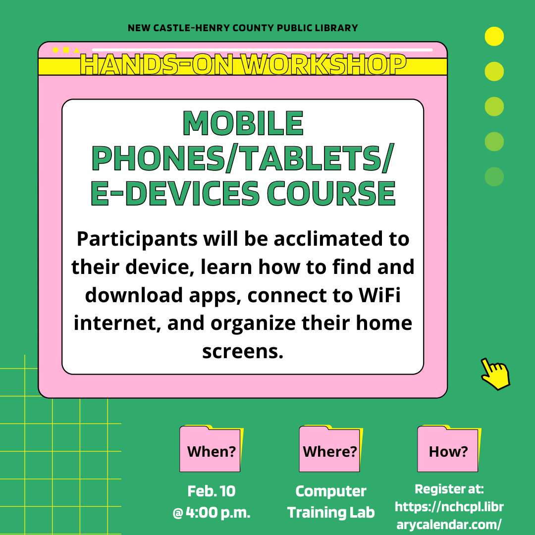 Participants will be acclimated to their device, learn how to find and download apps, connect to WiFi internet, and organize their home screens.