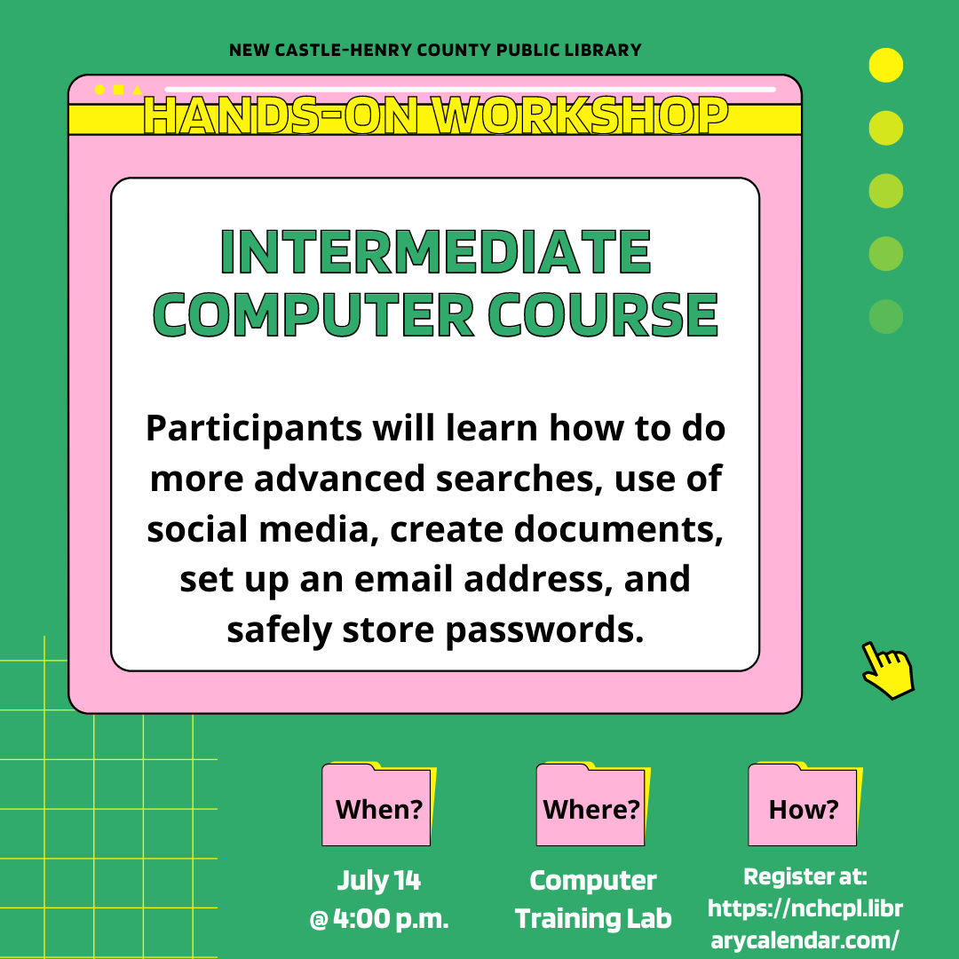 Participants will learn how to do more advanced searches, use of social media, create documents, set up an email address, and safely store passwords.